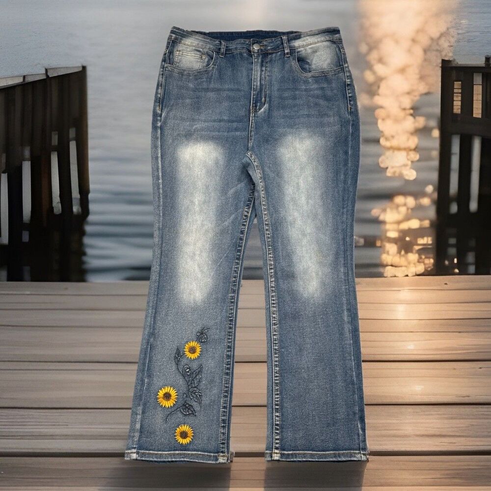 Unbranded Embroidered Baby Bootcut Jeans 1XL (34x27) Blue Stretch Denim Womens